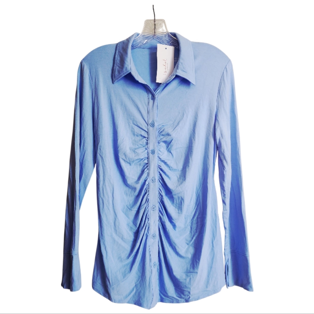 Fall Outfit Baby Blue Collared Button-Up Top– Boho Retro Y2K Inspired Size Small